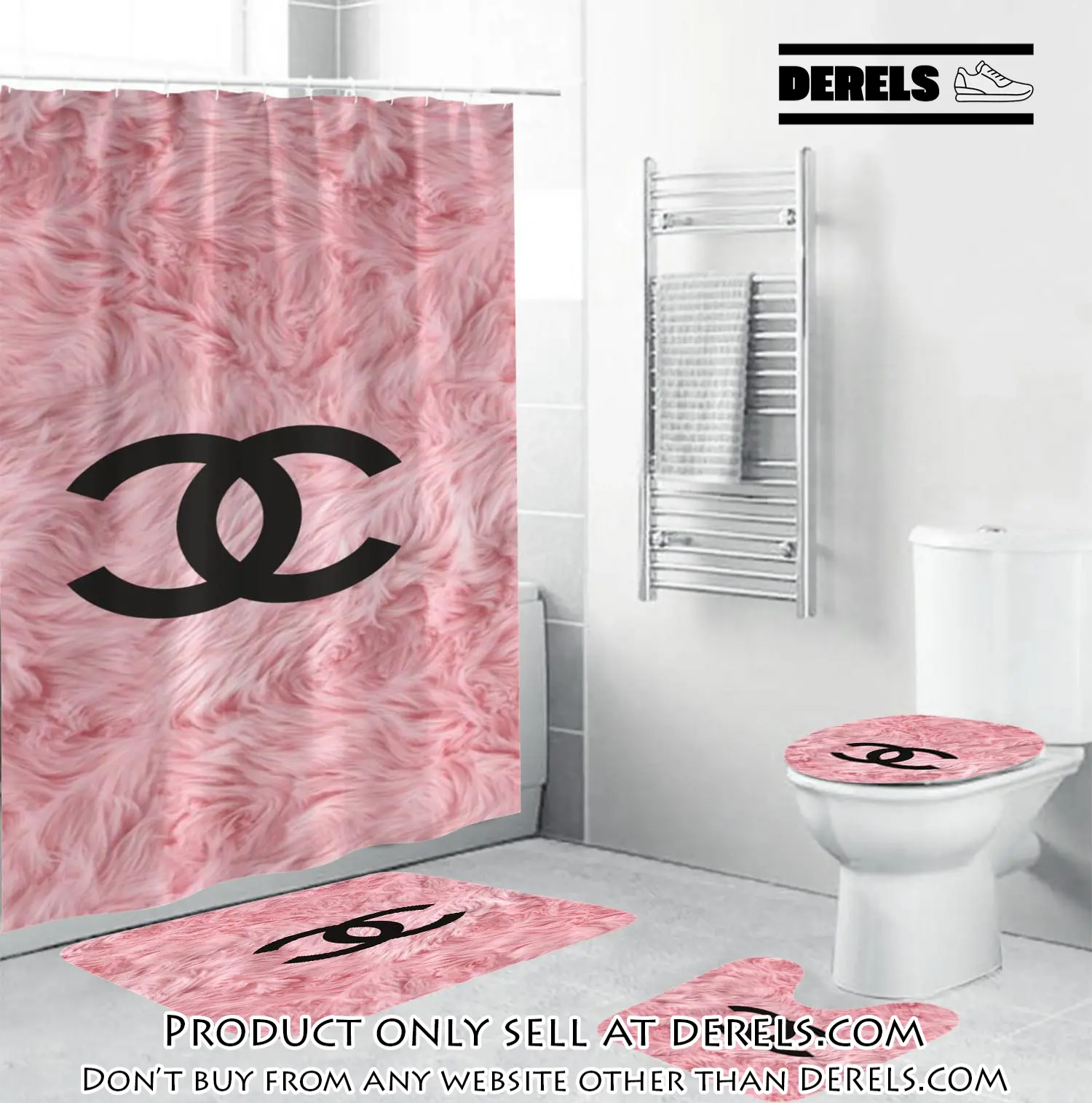 Coco chanel black logo in pink feather bathroom set shower curtain dr1128031